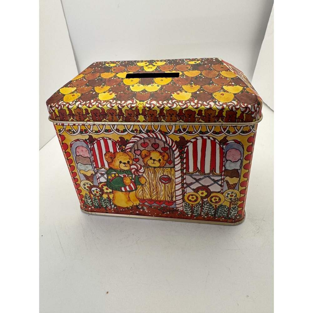 Vintage Teddy Bear Cookie Tin Candy House Piggy Bank Collectible Storage Box